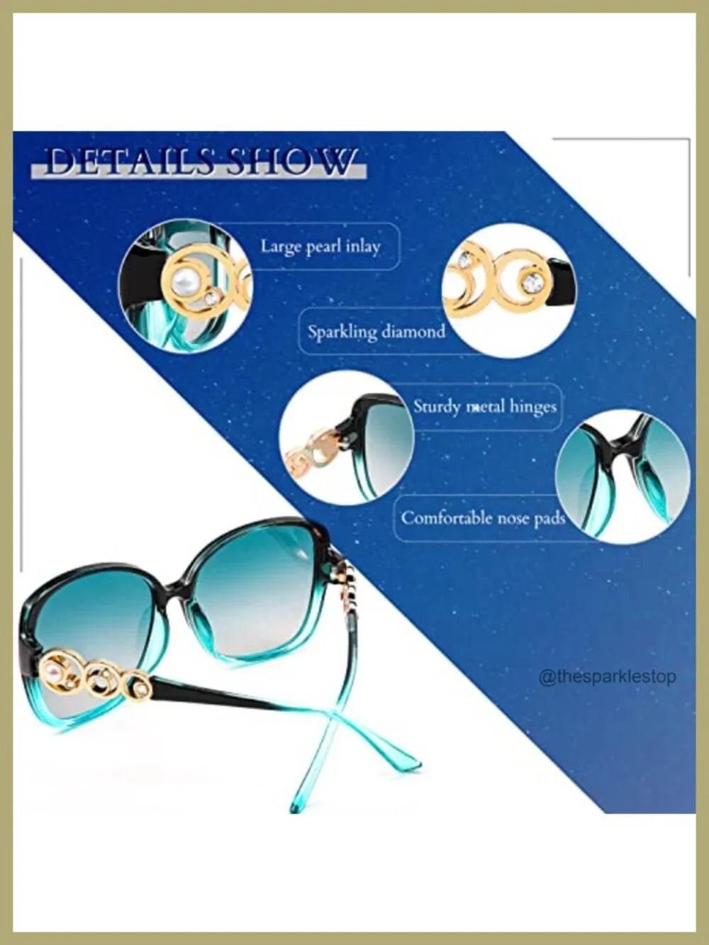 Oversized Square Frame Sunglasses with Pearl Crystal Inlays Polarized UV